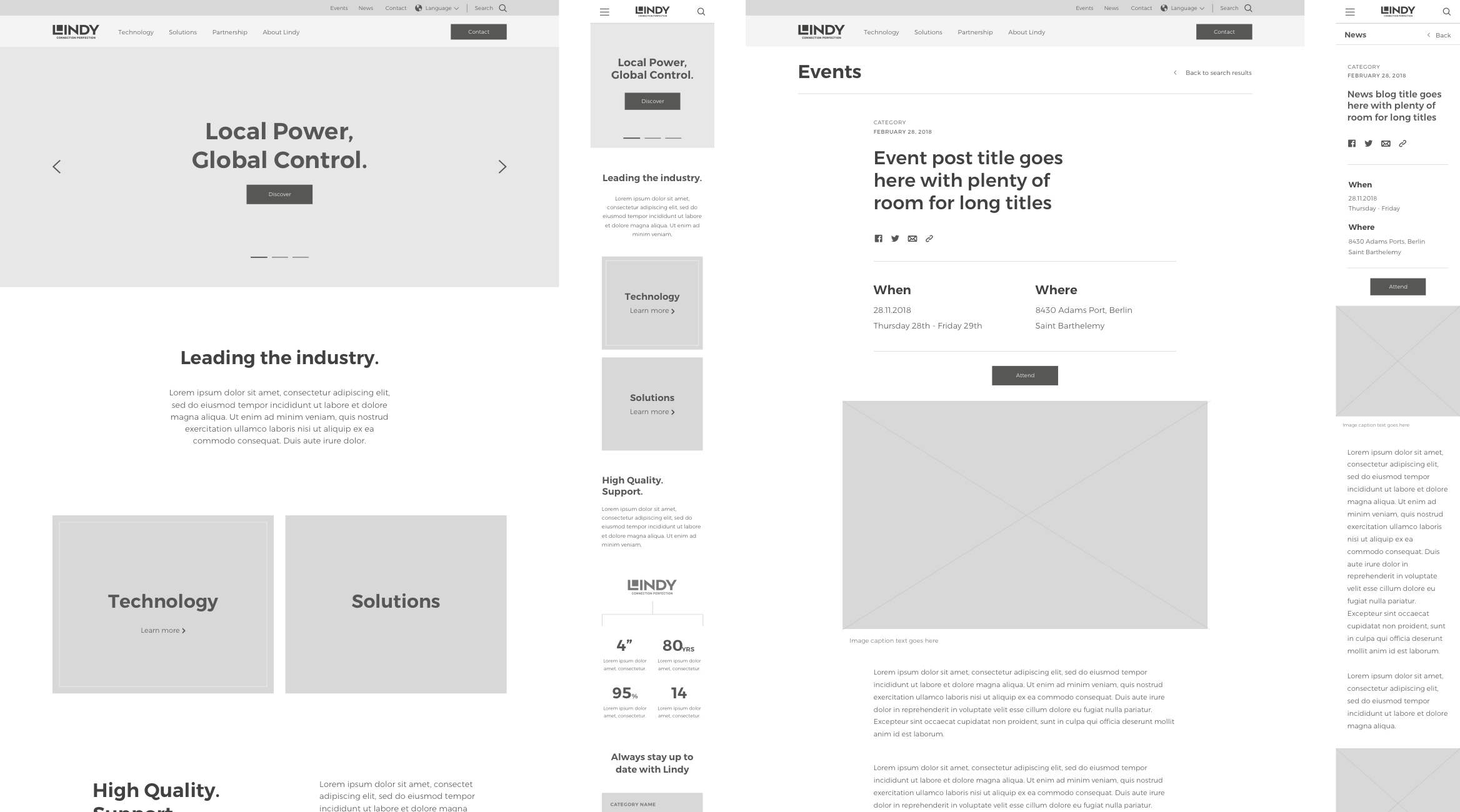 LINDY homepage and events page desktop and mobile wireframes