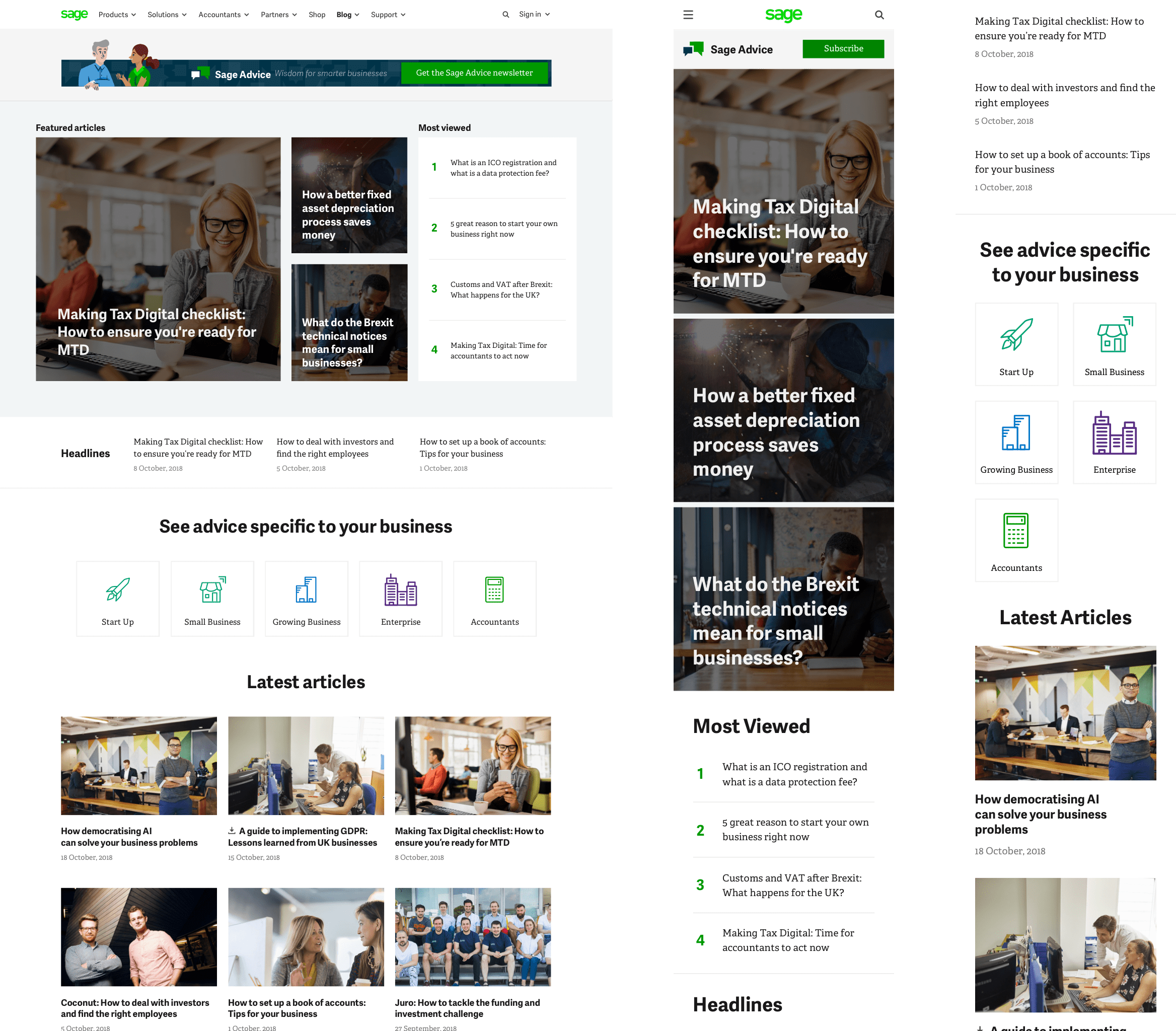 Sage Advice homepage desktop and mobile designs