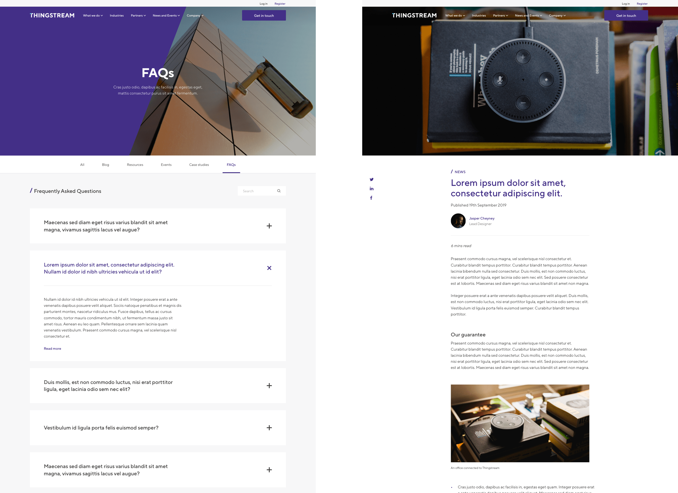 Thingstream FAQs and article desktop design