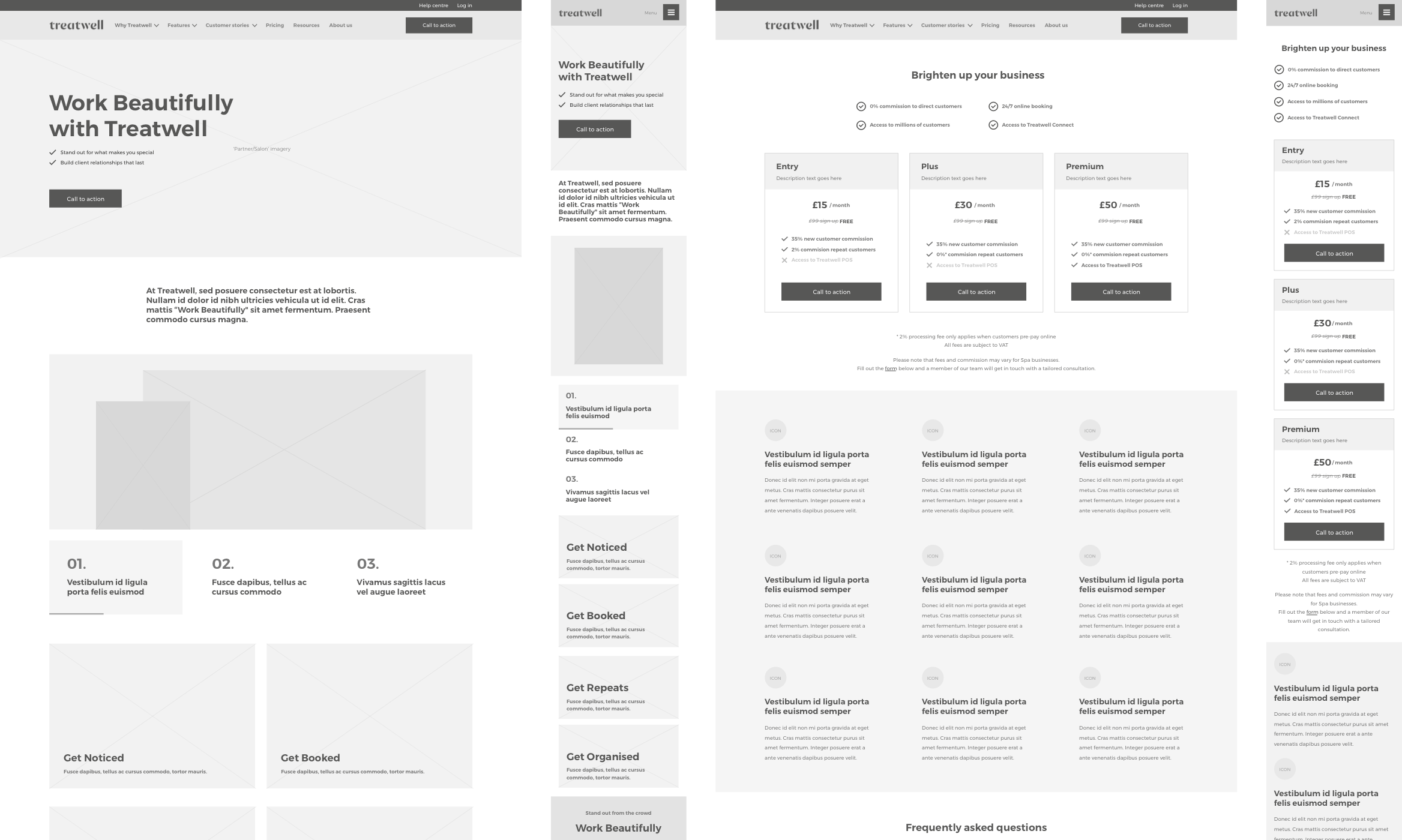 Treatwell homepage and pricing desktop and mobile wireframes